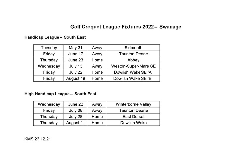Fixture list 2019 Swanage Croquet Club